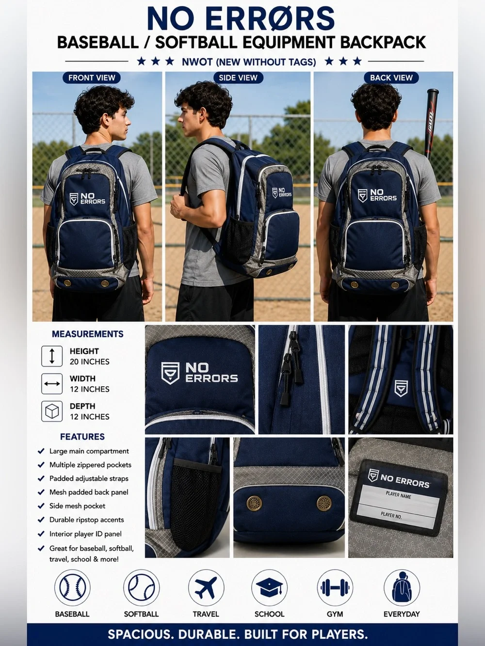 No Errors RBP Rookie Baseball Backpack Blue Gray Sports Equipment Bag NWOT